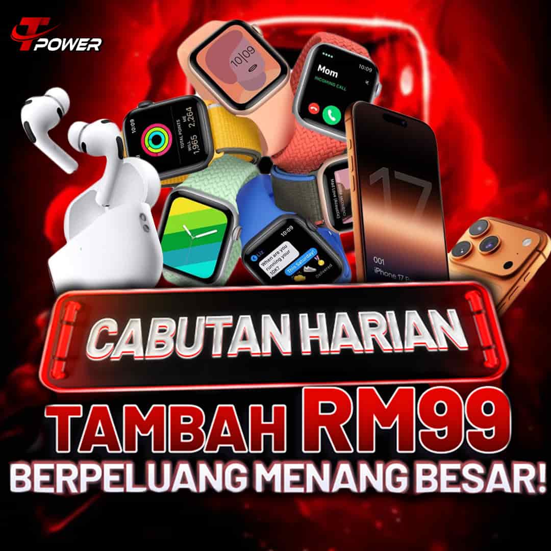 Banner promosi cabutan bertuah harian TPower tambah nilai RM99 peluang menang hadiah jam pintar dan telefon