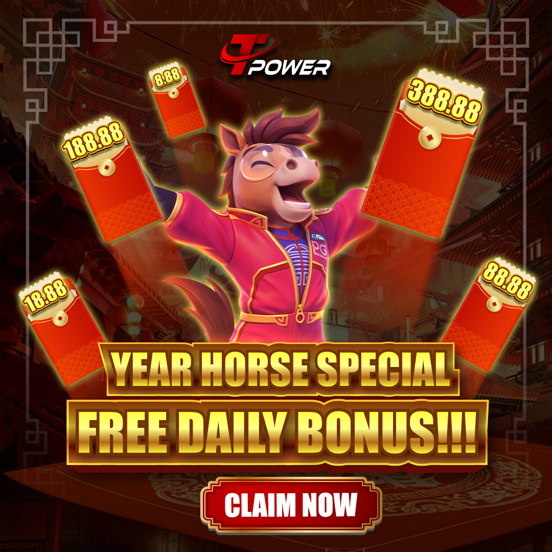 TPower Year Horse Special Free Daily Bonus banner with horse mascot and red packet rewards